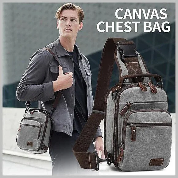 Sling Bag for Men Waxed Canvas Crossbody Bag Chest Bag Water Light Gray